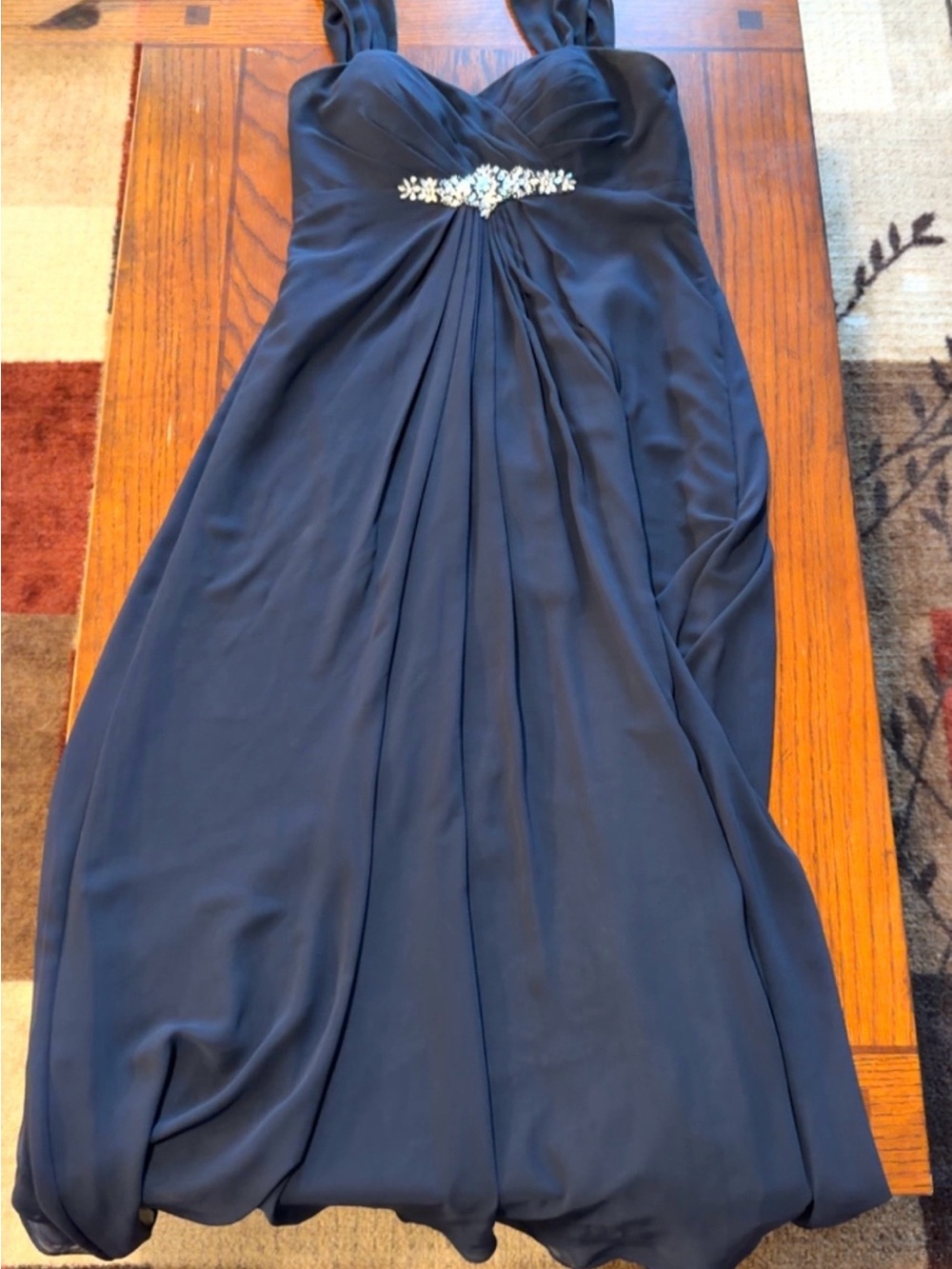 Bill Levkoff Navy Chiffon Sleeveless Gown with Beaded Waist
